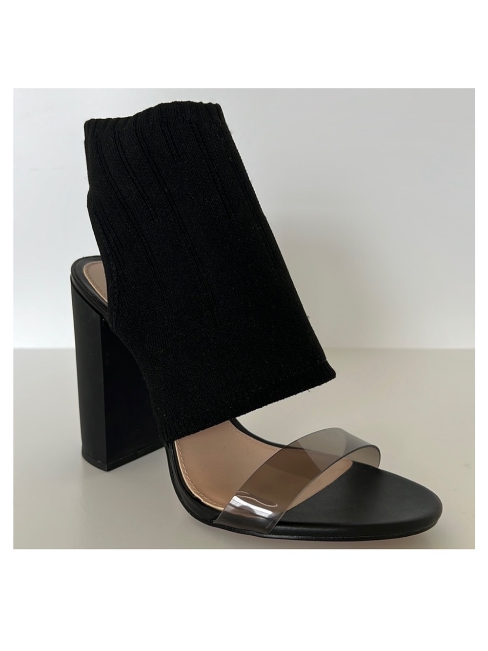 Zara Black Knit Block Heel Sandal with Clear Strap